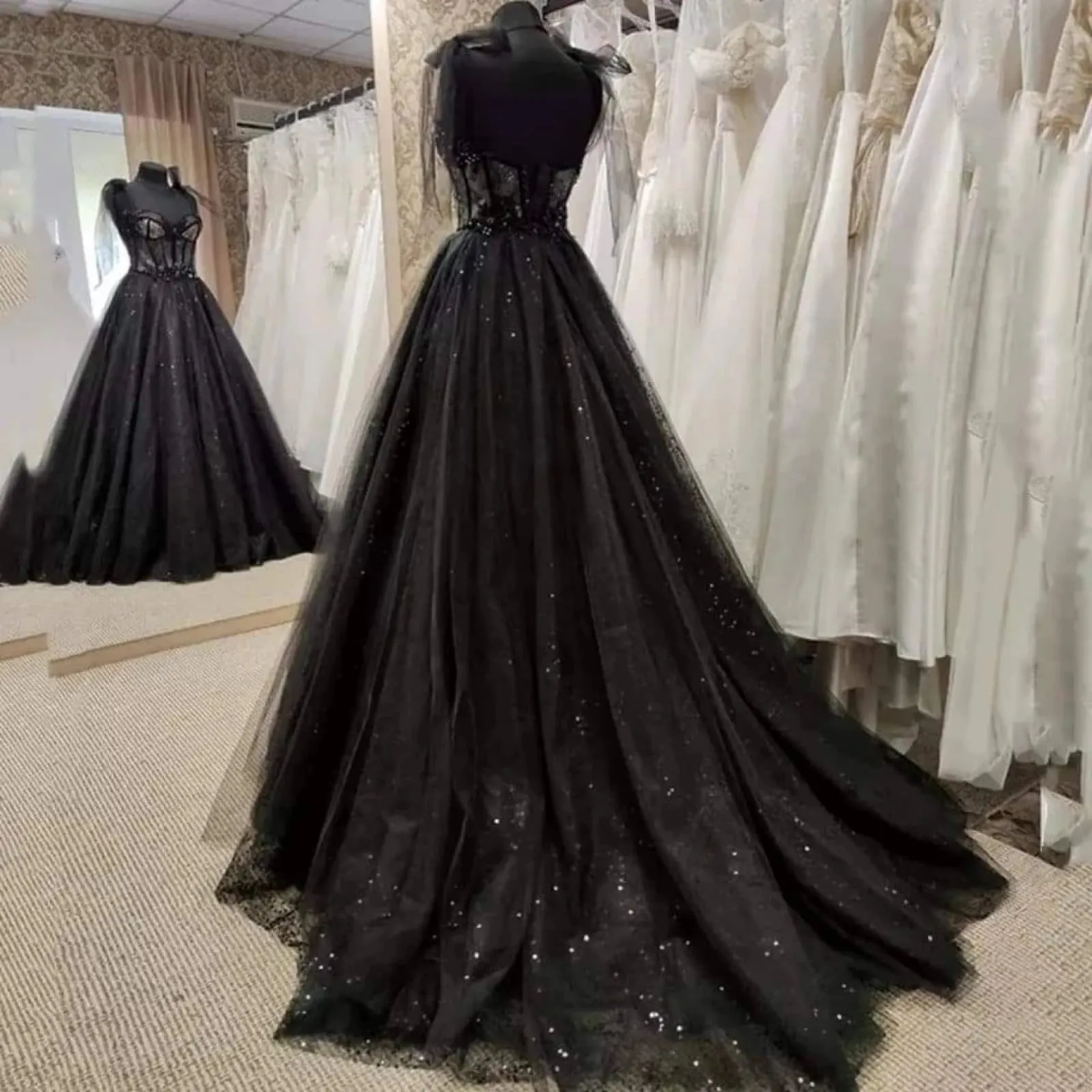 Glitter Lace Tulle Sweetheart Corset Court Black Wedding Dress