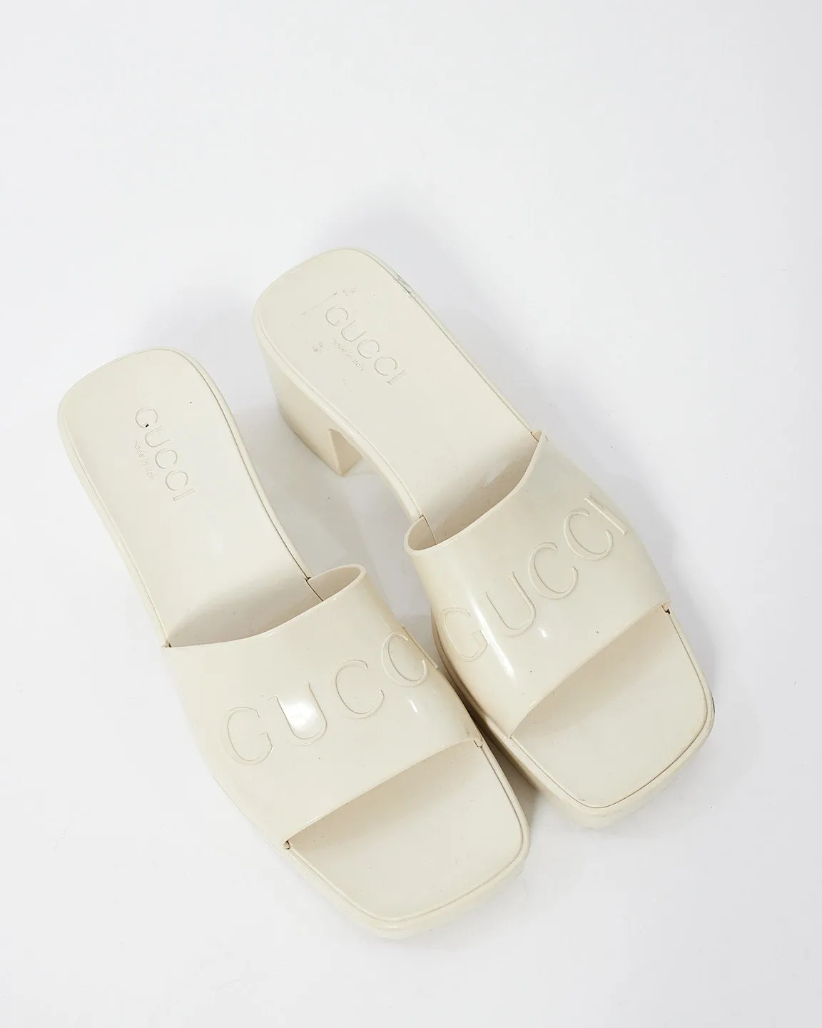 Gucci Off White Rubber Logo Slide Heeled Sandal - 38