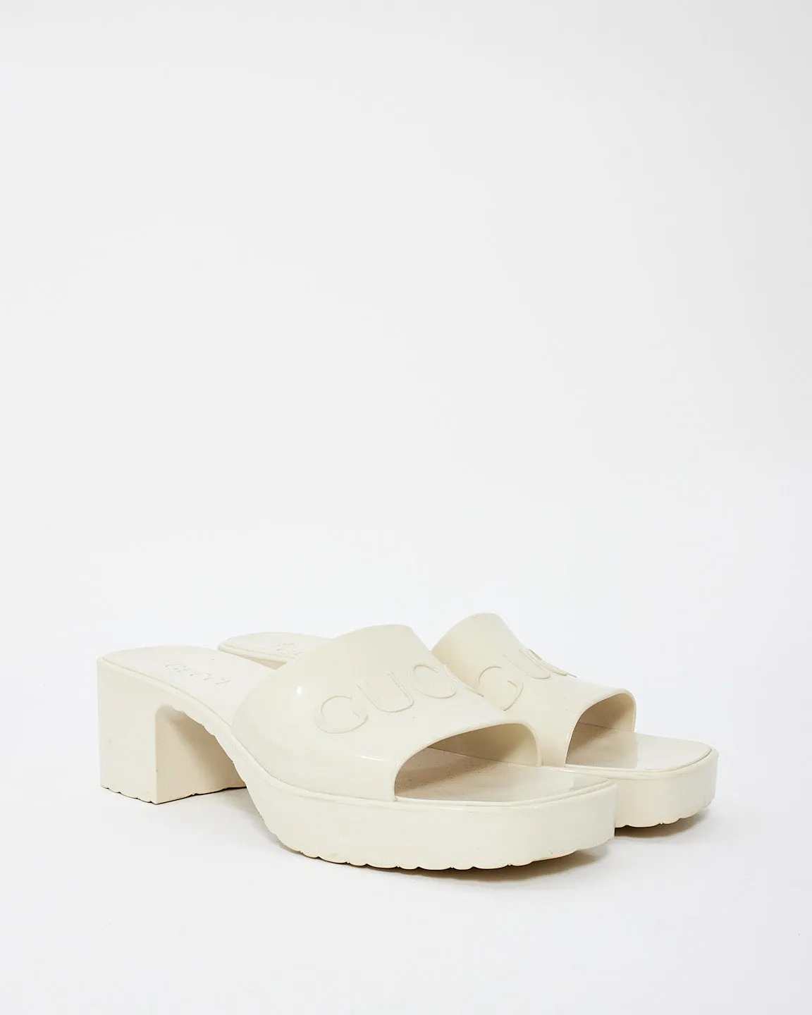 Gucci Off White Rubber Logo Slide Heeled Sandal - 38